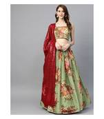 Green and Pink Floral Print Semi stitched Lehenga and Unstitched Blouse with Dupatta