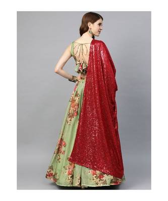 Green and Pink Floral Print Semi stitched Lehenga and Unstitched Blouse with Dupatta 2