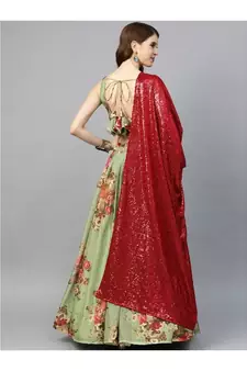 Green and Pink Floral Print Semi stitched Lehenga and Unstitched Blouse with Dupatta