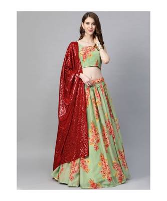 Green and Pink Printed Semi stitched Lehenga and Unstitched Blouse with Dupatta 1