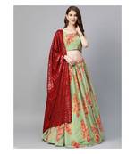 Green and Pink Printed Semi stitched Lehenga and Unstitched Blouse with Dupatta