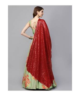 Green and Pink Printed Semi stitched Lehenga and Unstitched Blouse with Dupatta 2