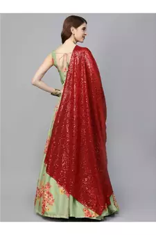 Green and Pink Printed Semi stitched Lehenga and Unstitched Blouse with Dupatta