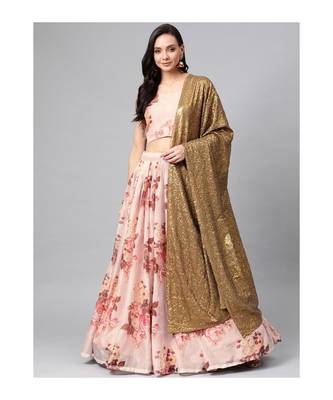 PeachColoured Printed Semi stitched Lehenga and Unstitched Blouse with Dupatta 1