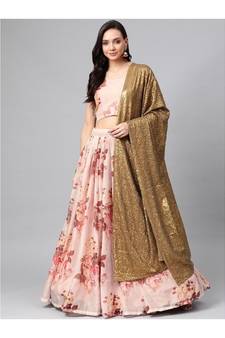 PeachColoured Printed Semi stitched Lehenga and Unstitched Blouse with Dupatta