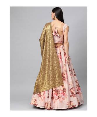 PeachColoured Printed Semi stitched Lehenga and Unstitched Blouse with Dupatta 2