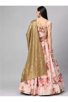 PeachColoured Printed Semi stitched Lehenga and Unstitched Blouse with Dupatta