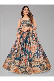 Blue and Orange Embellished Sequinned Semi stitched Lehenga and Unstitched Blouse With Dupatta