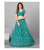 Women Teal Embroidered Semi stitched Lehenga and Blouse with Dupatta