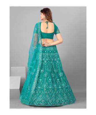 Women Teal Embroidered Semi stitched Lehenga and Blouse with Dupatta 2