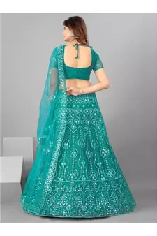 Women Teal Embroidered Semi stitched Lehenga and Blouse with Dupatta
