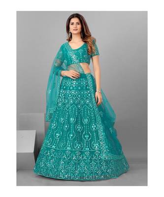 Women Teal Embroidered Semi stitched Lehenga and Blouse with Dupatta 3