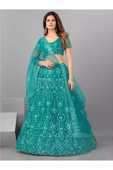 Women Teal Embroidered Semi stitched Lehenga and Blouse with Dupatta