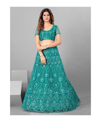 Women Teal Embroidered Semi stitched Lehenga and Blouse with Dupatta 4