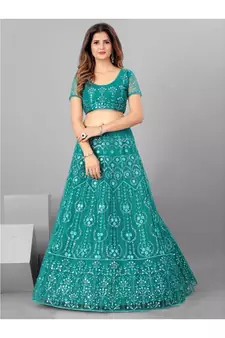 Women Teal Embroidered Semi stitched Lehenga and Blouse with Dupatta