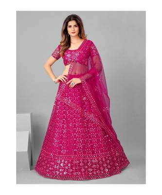 Pink and Steel Embellished Mirror Work Semi stitched Lehenga and Unstitched Blouse With Dupatta 4