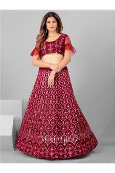 Maroon Embellished Sequinned Semi stitched Lehenga and Unstitched Blouse With Dupatta