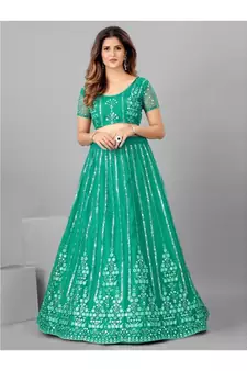 Sea Green and Silver Semi stitched Lehenga and Unstitched Blouse With Dupatta