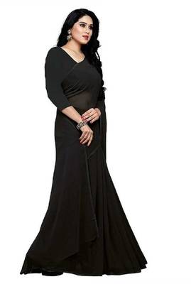 Black plain georgette saree with blouse 2