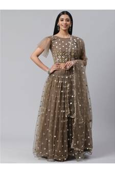 Taupe and Silver Foil Zari Semi stitched Lehenga and Unstitched Blouse with Dupatta