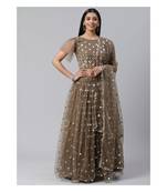 Taupe and Silver Foil Zari Semi stitched Lehenga and Unstitched Blouse with Dupatta