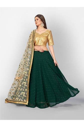 Green and GoldToned Sequinned Semi stitched Lehenga and Unstitched Blouse With Dupatta