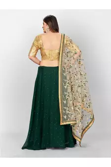 Green and GoldToned Sequinned Semi stitched Lehenga and Unstitched Blouse With Dupatta