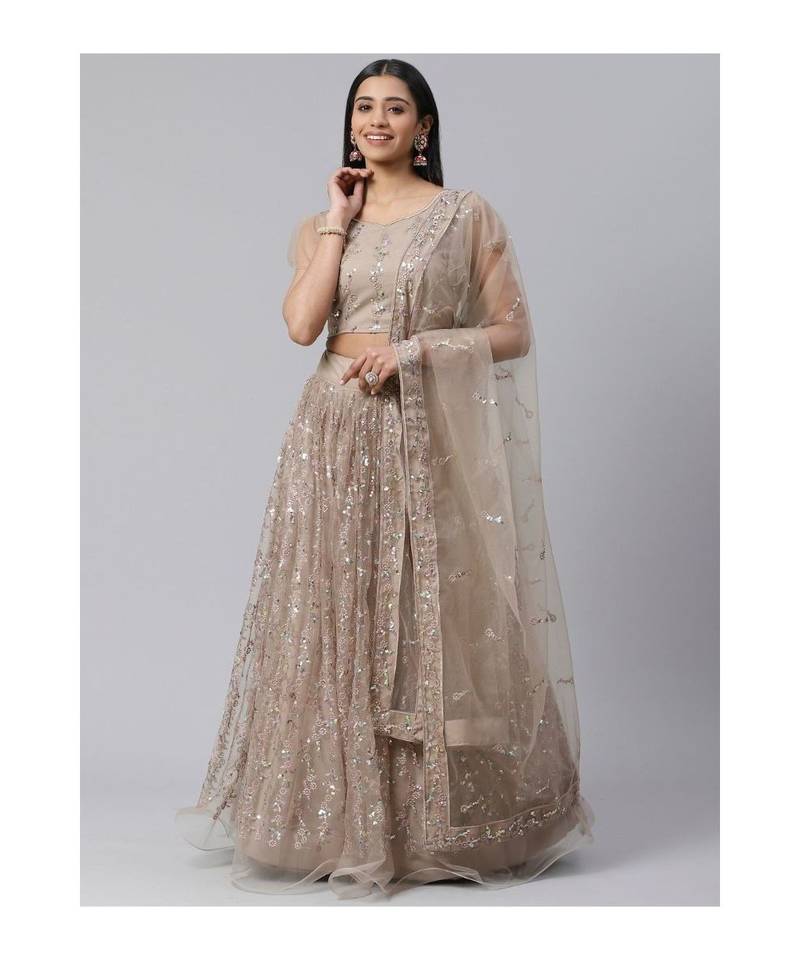 Taupe Sequinned Semi stitched Lehenga and Unstiched Blouse with Dupatta