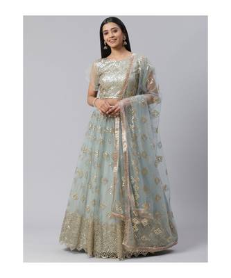 Blue and Golden Sequinned Semi stitched Lehenga and Unstitched Blouse with Dupatta 1