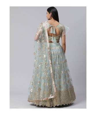 Blue and Golden Sequinned Semi stitched Lehenga and Unstitched Blouse with Dupatta 2