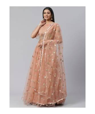 PeachColoured and SilverToned Embroidered Semi stitched Lehenga and Unstitched Blouse with Dupatta 1