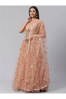 PeachColoured and SilverToned Embroidered Semi stitched Lehenga and Unstitched Blouse with Dupatta