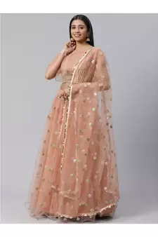 PeachColoured and SilverToned Embroidered Semi stitched Lehenga and Unstitched Blouse with Dupatta