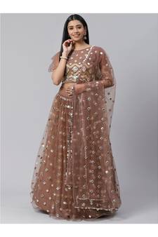 Brown and Silver Foil Zari Semi stitched Lehenga and Unstitched Blouse with Dupatta