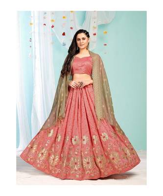 Pink Embroidered Foil Print Semi stitched Lehenga andUnstitched Blouse With Dupatta 1