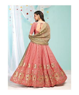 Pink Embroidered Foil Print Semi stitched Lehenga andUnstitched Blouse With Dupatta 2