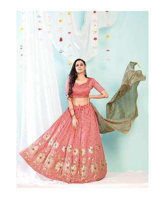 Pink Embroidered Foil Print Semi stitched Lehenga andUnstitched Blouse With Dupatta 4