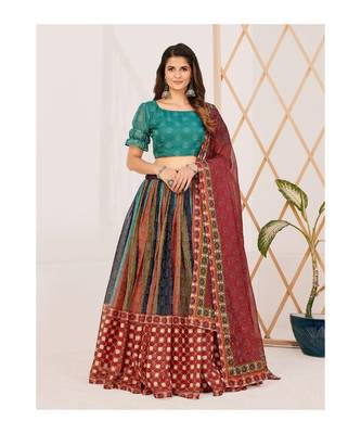 Teal and Maroon Printed Semi stitched Lehenga and Unstitched Blouse With Dupatta 1