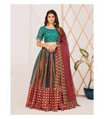 Teal and Maroon Printed Semi stitched Lehenga and Unstitched Blouse With Dupatta