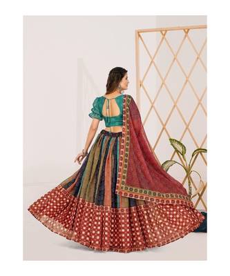 Teal and Maroon Printed Semi stitched Lehenga and Unstitched Blouse With Dupatta 2