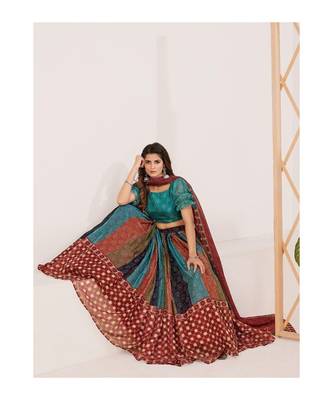 Teal and Maroon Printed Semi stitched Lehenga and Unstitched Blouse With Dupatta 3