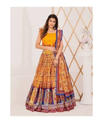 Yellow and Blue Printed Semi stitched Lehenga and Unstitched Blouse With Dupatta 1