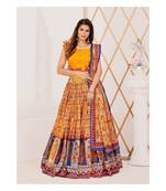 Yellow and Blue Printed Semi stitched Lehenga and Unstitched Blouse With Dupatta
