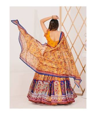 Yellow and Blue Printed Semi stitched Lehenga and Unstitched Blouse With Dupatta 2