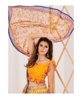 Yellow and Blue Printed Semi stitched Lehenga and Unstitched Blouse With Dupatta 3