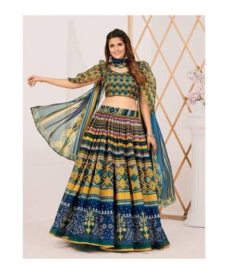 Green and Blue Printed Semi stitched Lehenga and Unstitched Blouse With Dupatta 1