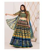 Green and Blue Printed Semi stitched Lehenga and Unstitched Blouse With Dupatta