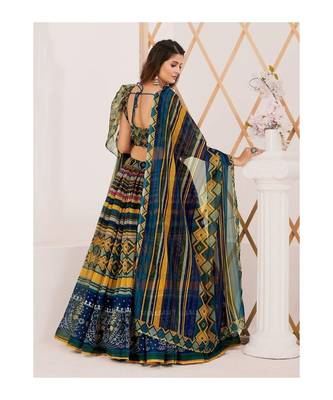 Green and Blue Printed Semi stitched Lehenga and Unstitched Blouse With Dupatta 2
