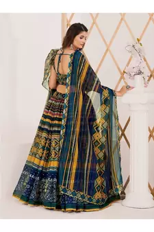 Green and Blue Printed Semi stitched Lehenga and Unstitched Blouse With Dupatta