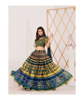 Green and Blue Printed Semi stitched Lehenga and Unstitched Blouse With Dupatta 3